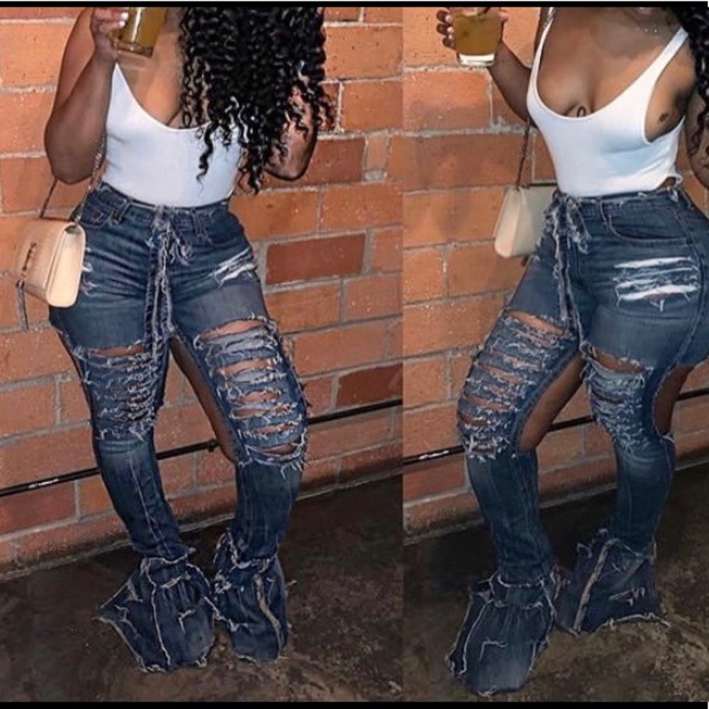 Distressed stacked/flared custom jeans
